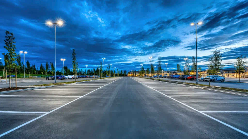 empty parking lot at dusk with street lights and dramatic sky ready for commercial use photo